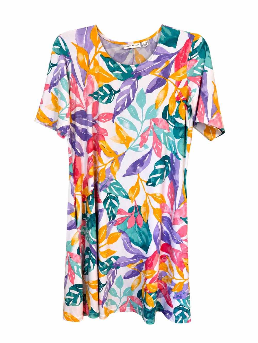 Susan Graver Purple and Yellow Summer Leaf-Print T-shirt dress women’s Medium
